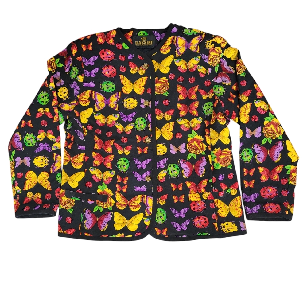 Vintage colorful blazer jacket with butterfly, ladybugs and roses in size Medium